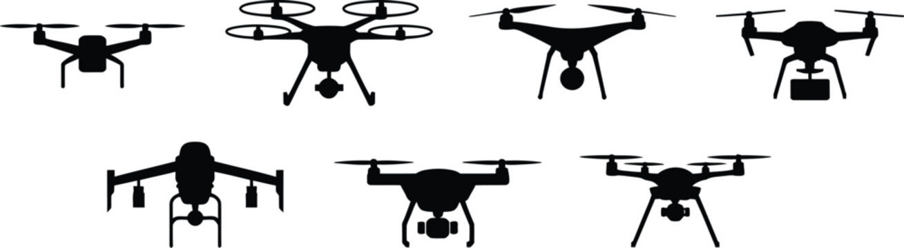 Collection of diverse drone silhouettes with multiple rotor designs, quadcopters, hexacopters, aerial photography drones, delivery drones, surveillance drones vector illustration