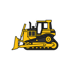 Fototapeta premium Cartoon illustration of a yellow bulldozer with black tracks, a heavy construction vehicle used for pushing earth and debris.