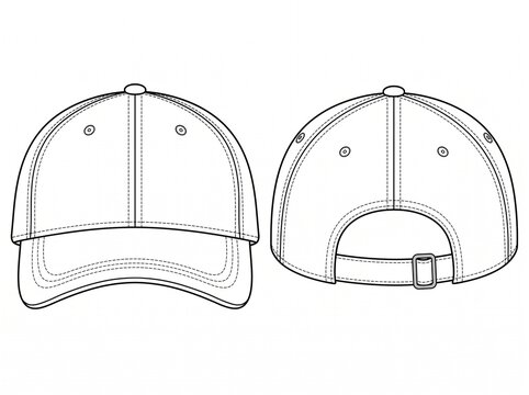 Strapback Adjustable Baseball Cap Vector Technical Blueprint Design Mockup Template