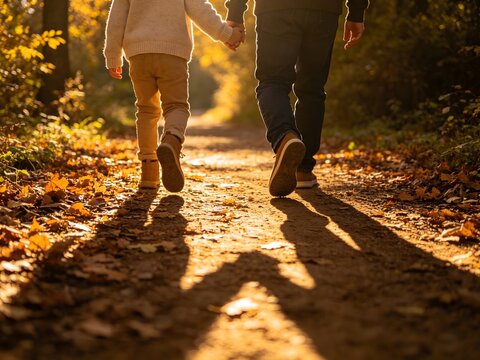 Parent and child holding hands walking on sunny autumn forest path