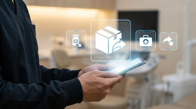 Doctor in black scrubs using a smartphone for online pharmacy medicine delivery service with digital holographic icons for healthcare logistics and e-health.