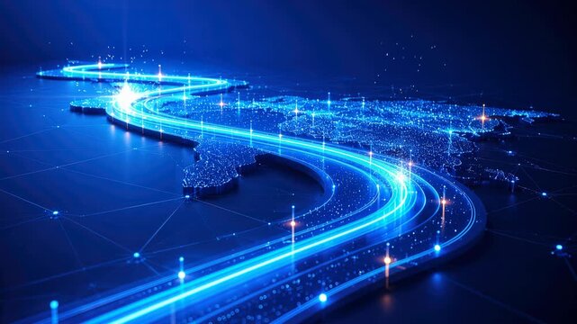 Operational flow map, glowing blue digital route over world map with futuristic network lines and sparkles, digital network map with data points dark