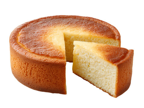 Classic round butter cake with a sliced piece, rich buttery flavor and soft moist texture, isolated on a white background.