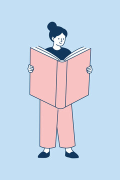 Woman Reading Big Book Flat Design Character Illustration