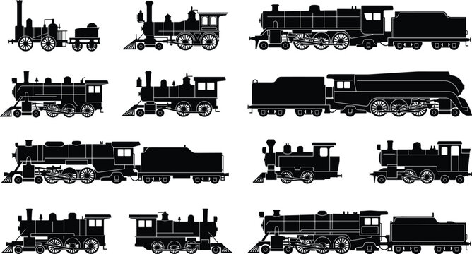 Set of vintage steam locomotive train silhouettes representing historical rail transport and industrial history