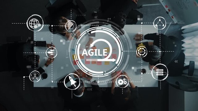 Dynamic visualization of professionals collaborating in a conference room, showcasing agile methodology with digital icons representing workflow, innovation, and teamwork. Raster