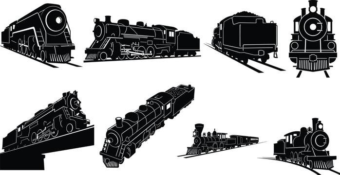 Set of vintage steam locomotive train silhouettes in multiple perspective views for industrial heritage design