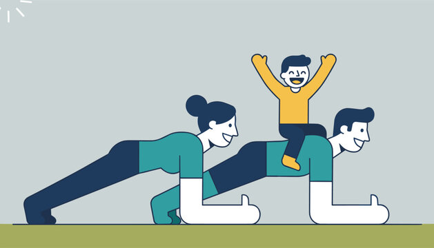 Active man and woman perform core exercises by doing planks on the floor while a happy young child sits on the father's back.