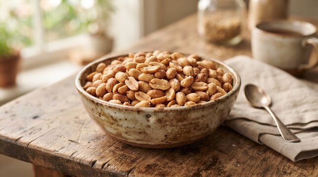 Roasted Peanuts in Rustic Ceramic Bowl as Healthy Snack