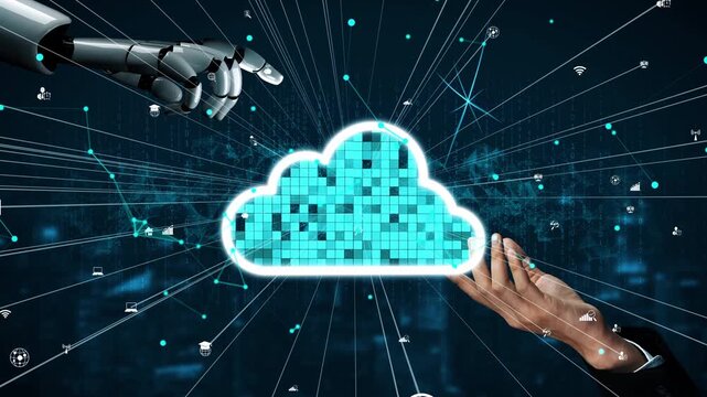 A visual representation of collaboration between human intelligence and artificial intelligence, showcasing a robot and human hand reaching for cloud technology in a digital landscape. Xenic