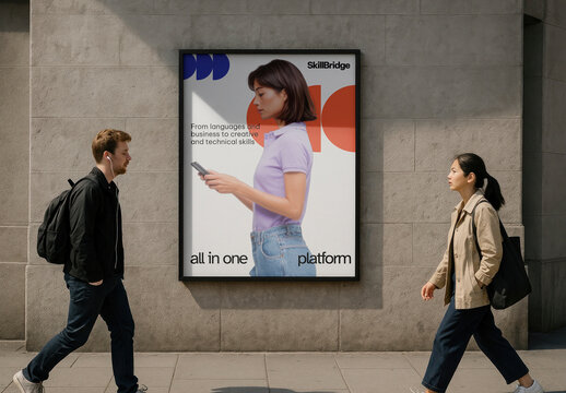 Urban Poster Mockup On Wall With Pedestrians Passing By PSD