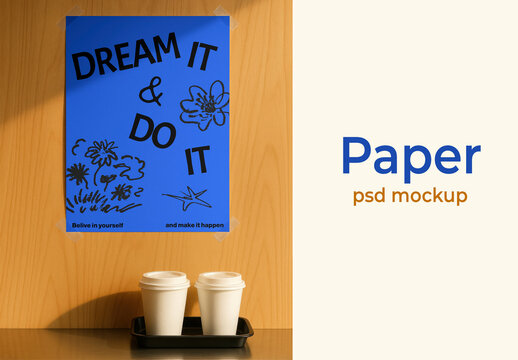 Inspirational Poster Mockup With Coffee Cups On Wooden Surface PSD