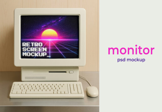 Vintage Computer Screen Mockup With Retro Design PSD
