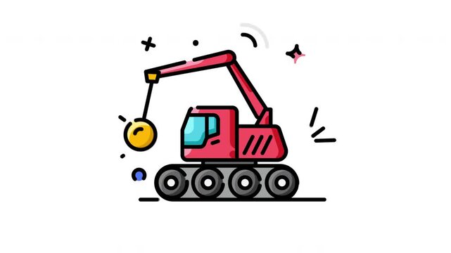 Vibrant cartoon illustration of a heavy-duty demolition crane with a wrecking ball, perfect for construction, industrial, or project destruction concepts