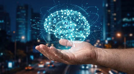 Fototapeta premium Futuristic concept of artificial intelligence held in human hand, glowing digital brain network with neural connections, smart technology innovation, machine learning data visua...