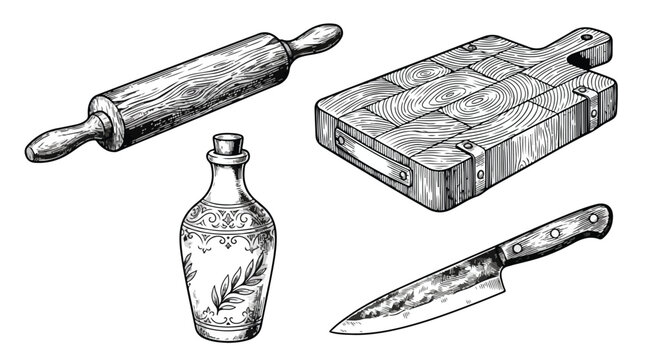 Vintage kitchen tools vector set, hand drawn wood rolling pin and cutting board, engraved chef knife and olive oil bottle, rustic culinary icons
