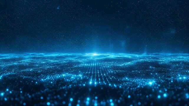 Abstract digital representation of glowing blue particle waves and floating dots