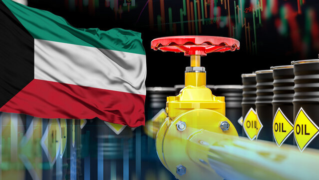 The Kuwaiti flag, oil pipelines, oil drums, and financial charts illustrate the energy sector, the oil and gas industry, gasoline transportation, and fluctuations in Kuwaiti oil prices.