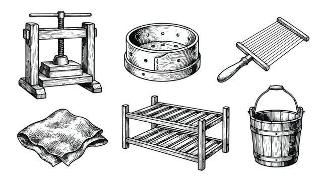 Vintage cheesemaking equipment set, hand drawn wood and metal dairy tools, antique cheese press and curd cutter vector illustrations