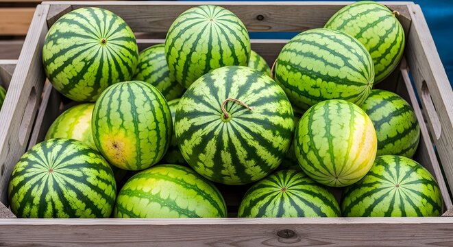 Freshly Harvested Watermelons in a Wooden Crate at a Farmers Market.