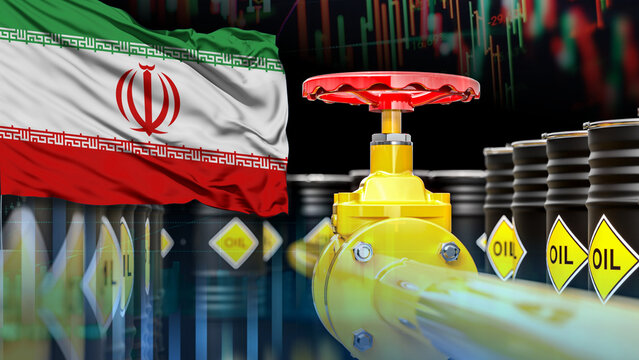 The Iranian flag, oil pipelines, oil drums, and financial charts illustrate the energy sector, the oil and gas industry, gasoline transportation, and fluctuations in Iranian oil prices.