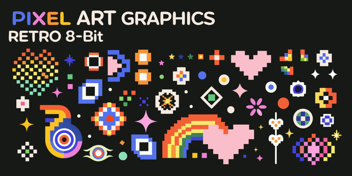 Pixel art graphics collection in retro 8 bit style on black background