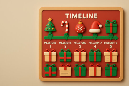 Christmas project management timeline board with milestone marker and gift wrapped task card on festive holiday background