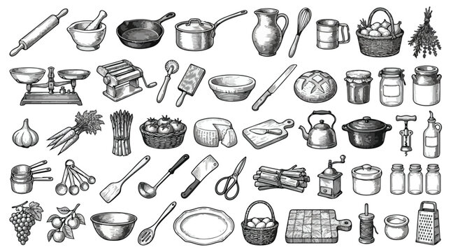 Vintage kitchenware sketches and rustic cooking tools collection, hand drawn culinary equipment vector set, antique farmhouse kitchen icons