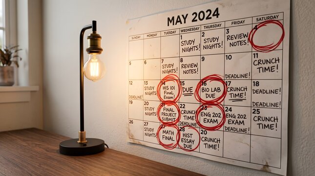 Exam schedule calendar on wall hanging above desk showing deadline reminders and study dates with glowing lamp in office for productivity