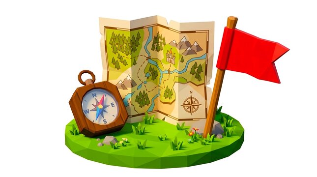 Paper Map with Navigation Compass and Red Destination Flag Icon