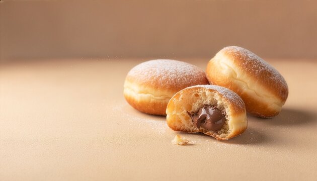 Three golden donuts dusted with powdered sugar, including one cut open to reveal creamy chocolate filling, arranged on a warm beige background with generous copy space.