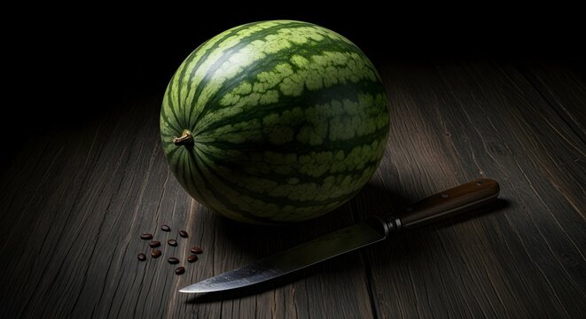 Whole Watermelon and Knife on Dark Wooden Table.