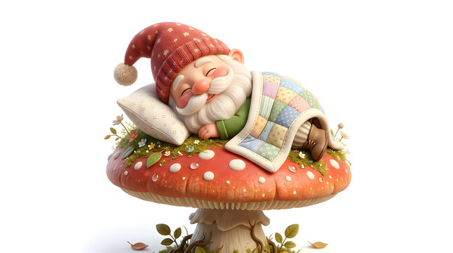 Cute funny gnome sleeping on a mushroom with a tiny blanket and pillow, peaceful happy face, fluffy beard, premium 3D cartoon illustration, soft colors, isolated on white background