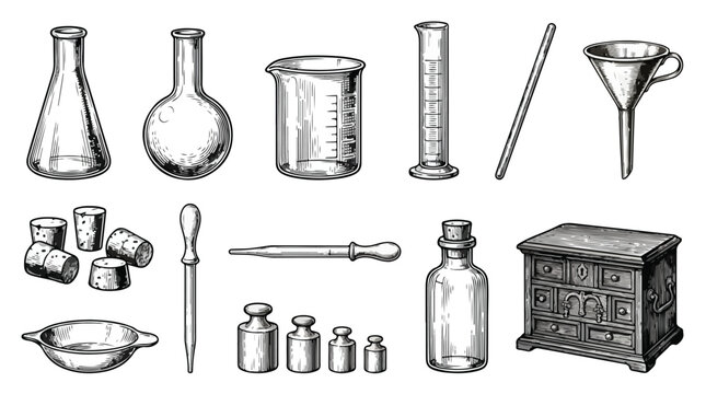 Vintage laboratory glassware and alchemy equipment set, hand drawn scientific chemistry apparatus, antique apothecary tools and glass bottles