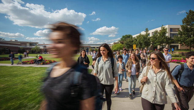 diverse college students walking on sunny campus pathway dynamic student life with motion blur professional photography depth of field backpacks and books green grass and flowers blue sky with clouds