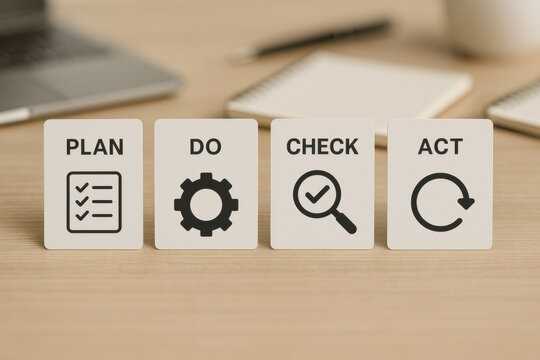 Wooden block with plan do check act cycle icon on office desk