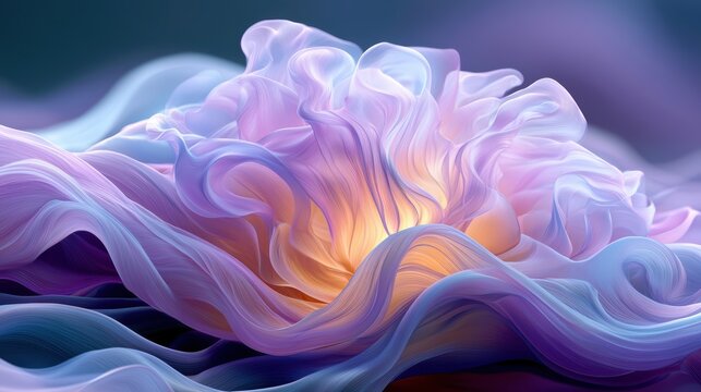 Abstract background featuring flowing silk fabric texture waves in soft pastel purple and radiant orange light gradient colors