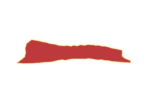 A single piece of red paper with a torn edge and a thin yellow border line