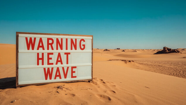 warning heat wave lightbox in desert landscape high quality climate alert extreme heat concept sunny sand dunes modern sans serif red font environmental hazard scorching summer global warming visual p