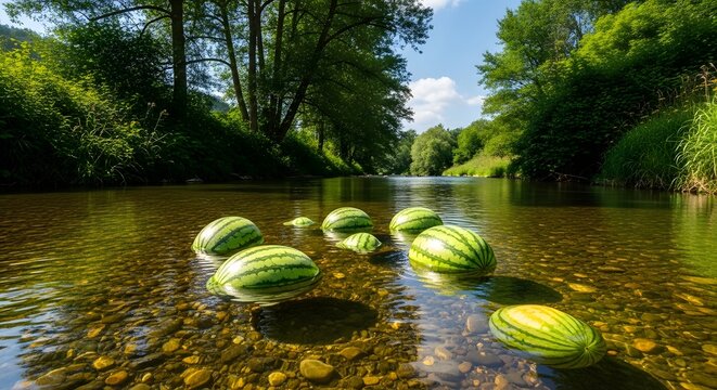 Watermelons floating in a clear river with lush green trees on the banks under a blue sky.