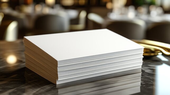Blank brochures on marble table in restaurant