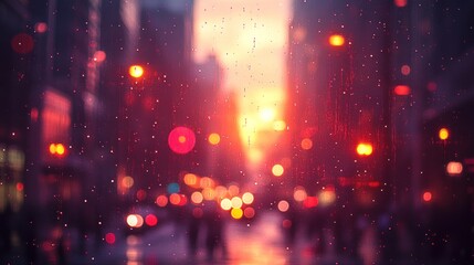 Fototapeta premium Blurry city street scene at sunset, rain