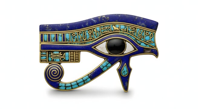 Amulet featuring the Eye of Horus is intricately inlaid with blue lapis lazuli and turquoise stone.