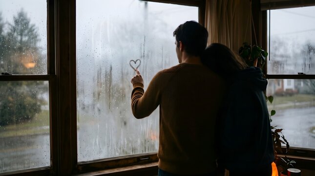 Silhouettes of Romantic Couple Drawing Heart on Rainy Window Glass