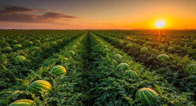 Vast watermelon field at sunset with rows of green plants and ripe watermelons under a golden sky.