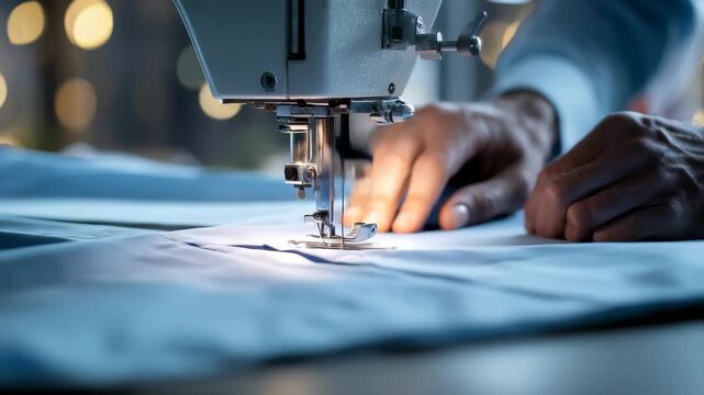 Focused tailor uses modern sewing machine to stitch fabric with accuracy, care, illuminated by soft workshop lighting. Highlights craftsmanship, attention to detail in garment making
