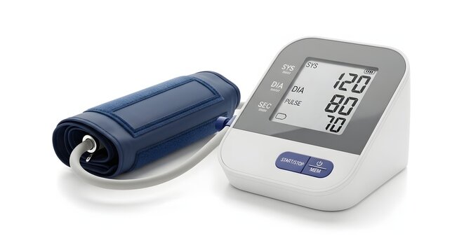 Blood pressure monitor sits on a white surface displaying healthy heart rate and pulse statistics.