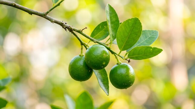 Three Key Limes Growing on a Lush Tree Branch in Sunlight