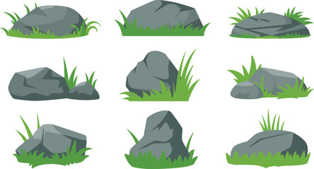 Natural mossy rock collection, stone landscape elements isolated vector illustration for outdoor environment game design  © MdMajnur