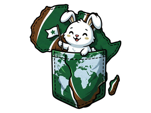 Cute white bunny in a pocket of an africa map with a flag in hand, celebrating african culture, symbol of unity and joy, vibrant colors, cartoon style illustration with clean lines.